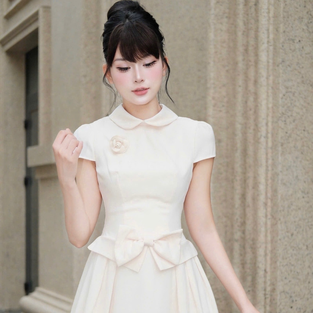 Đầm cổ sen thiết kế kín đáo đi tiệc sang chảng dáng dài cao cấp