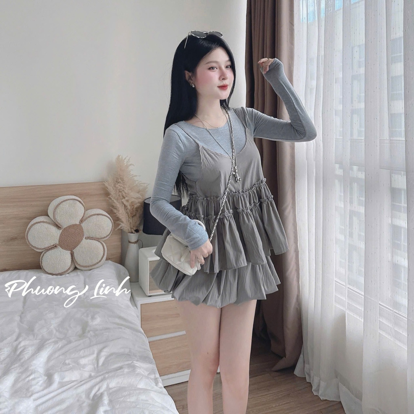 Set áo yếm tay dài váy bí pl