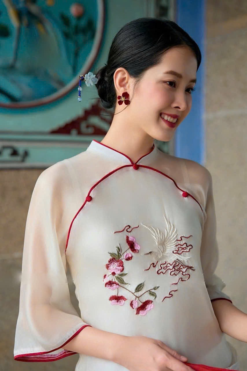Bộ lam thêu cò và hoa