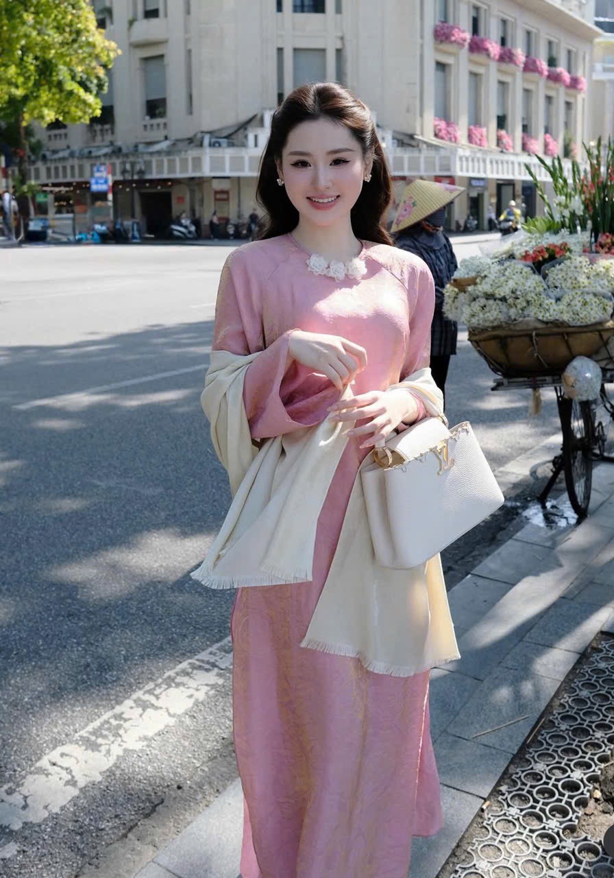 Áo dài gấm cổ tròn 3 bông