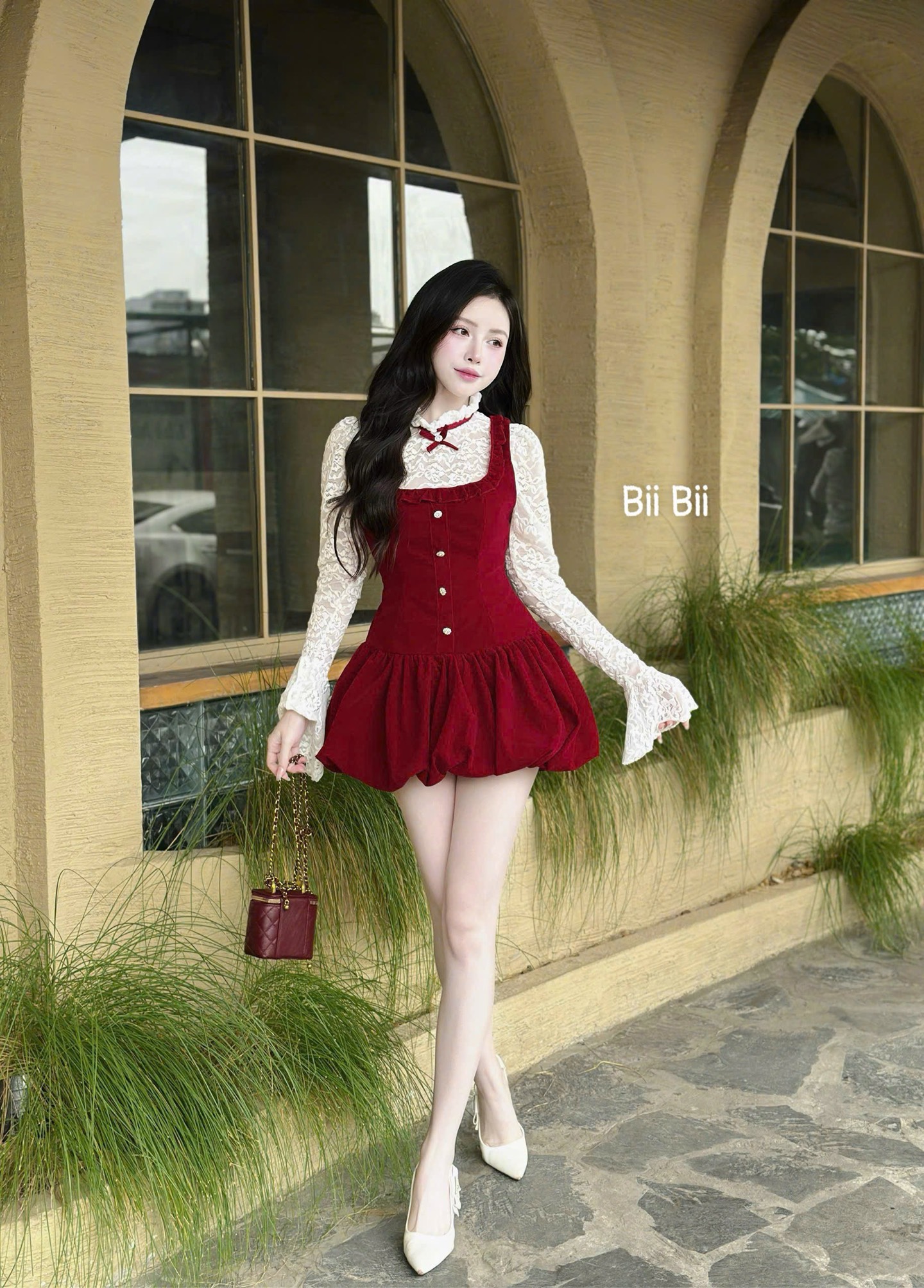 Đầm nhung tay dài phối ren cao cấp