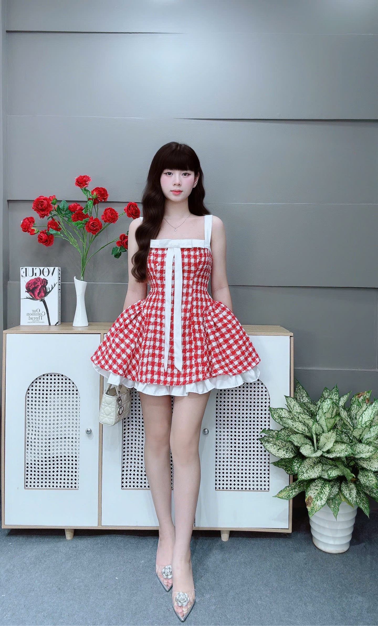 Đầm dây caro nơ ngang ngực LS46065