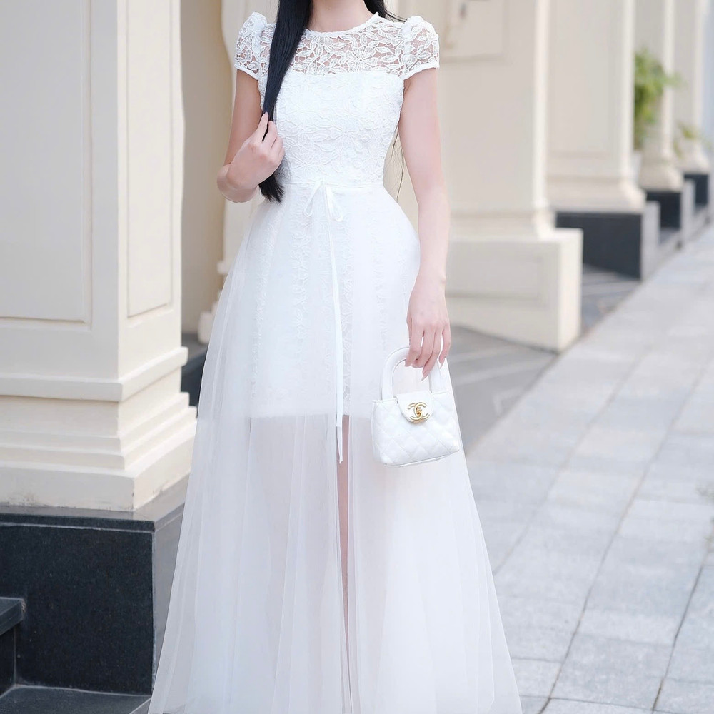 Đầm tay ren phối ngực ren dáng dài đơn giản thanh lịch chân voan cao cấp thiết kế đi tiệc