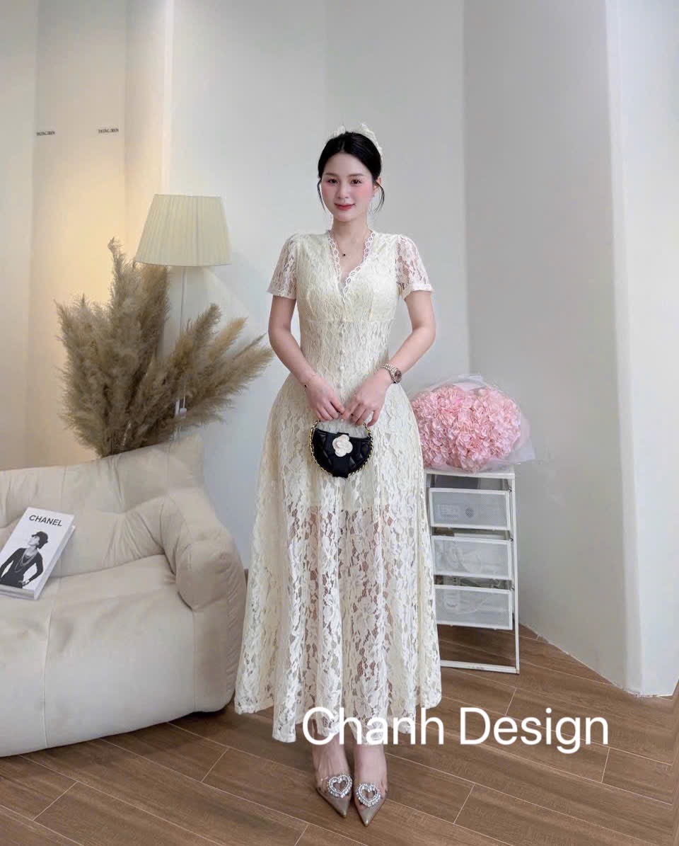 Đầm thiết kế ren cổ V dáng dàng