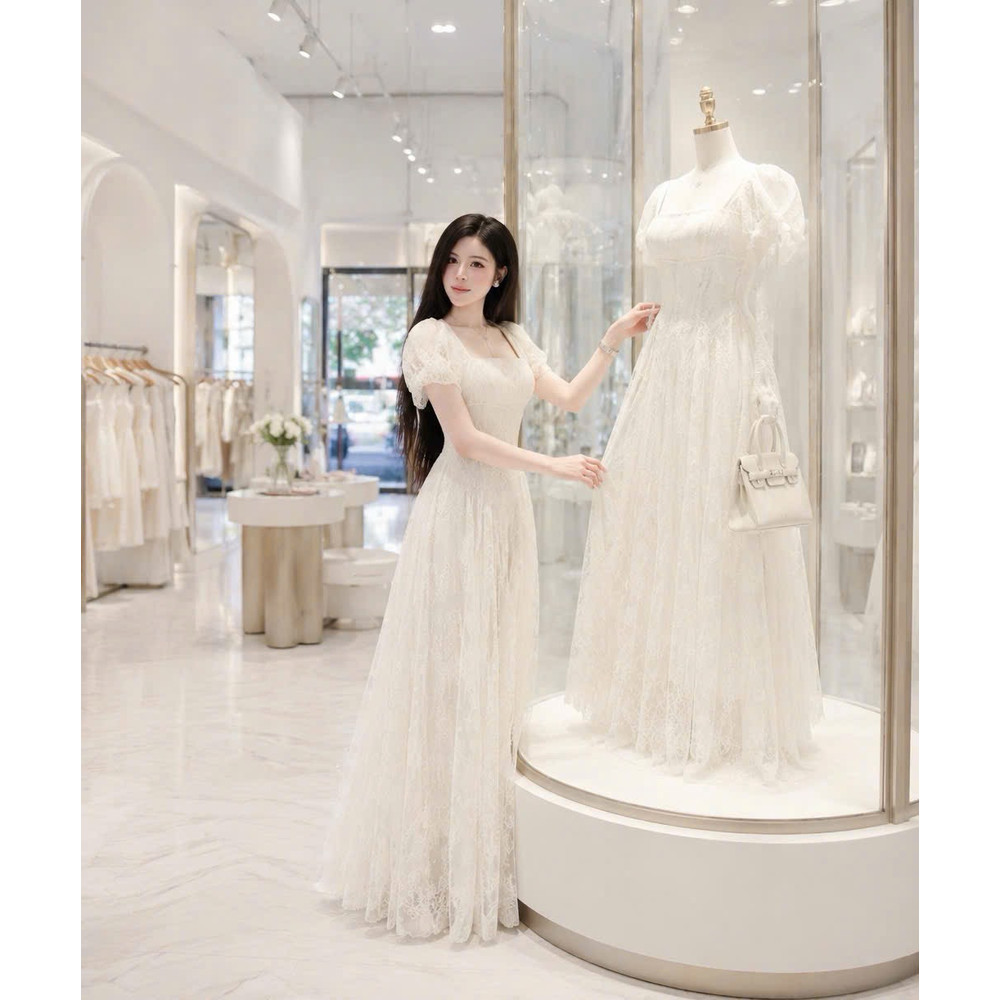 Đầm thiết kế ren tay phồng cổ vuông dáng xoè