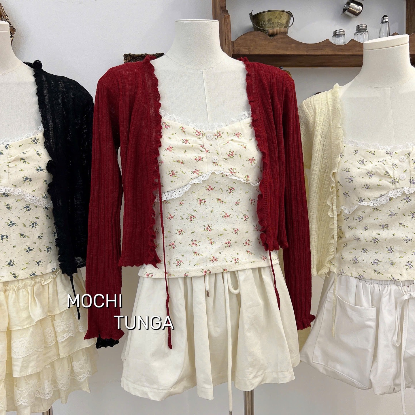 Áo kiểu set khoác cột dây áo hoa nhí