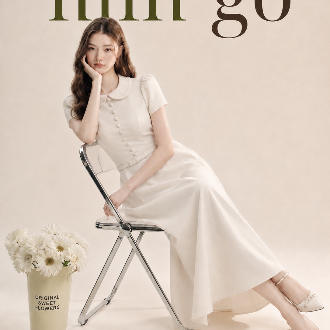 Đầm thiết kế cổ sen nút ngực nơ eo dáng dài