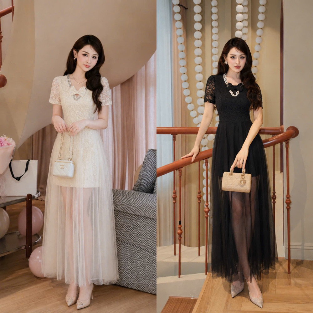 Đầm thiết kế cổ V đính đá cổ nơ ngực