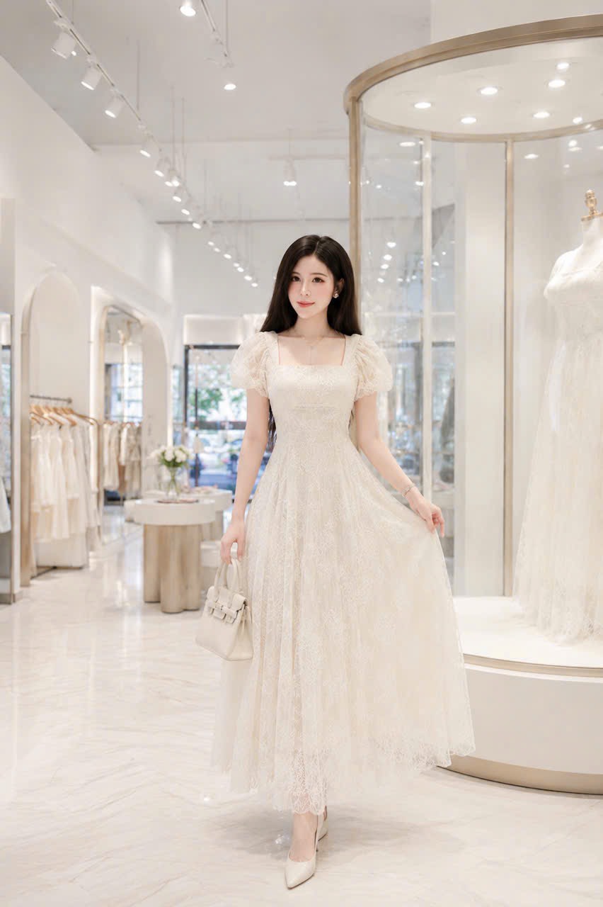 Đầm thiết kế ren tay phồng cổ vuông dáng xoè