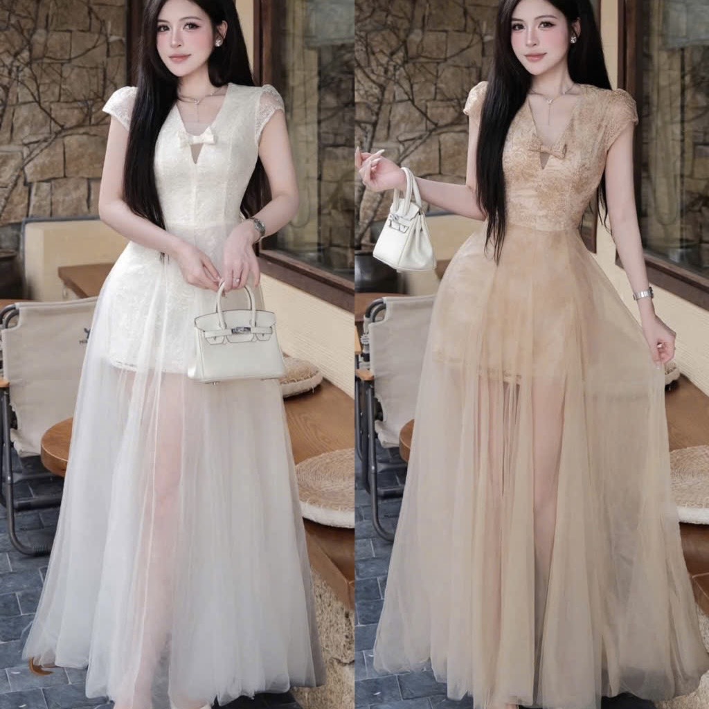 Đầm thiết kế cổ V phối voan tùng xoè