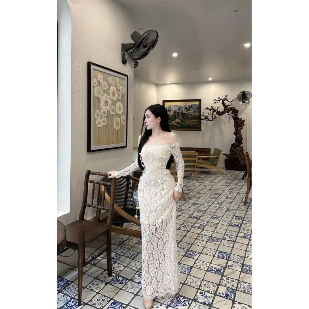 Đầm thiết kế trễ vai tay dài body ren hoa