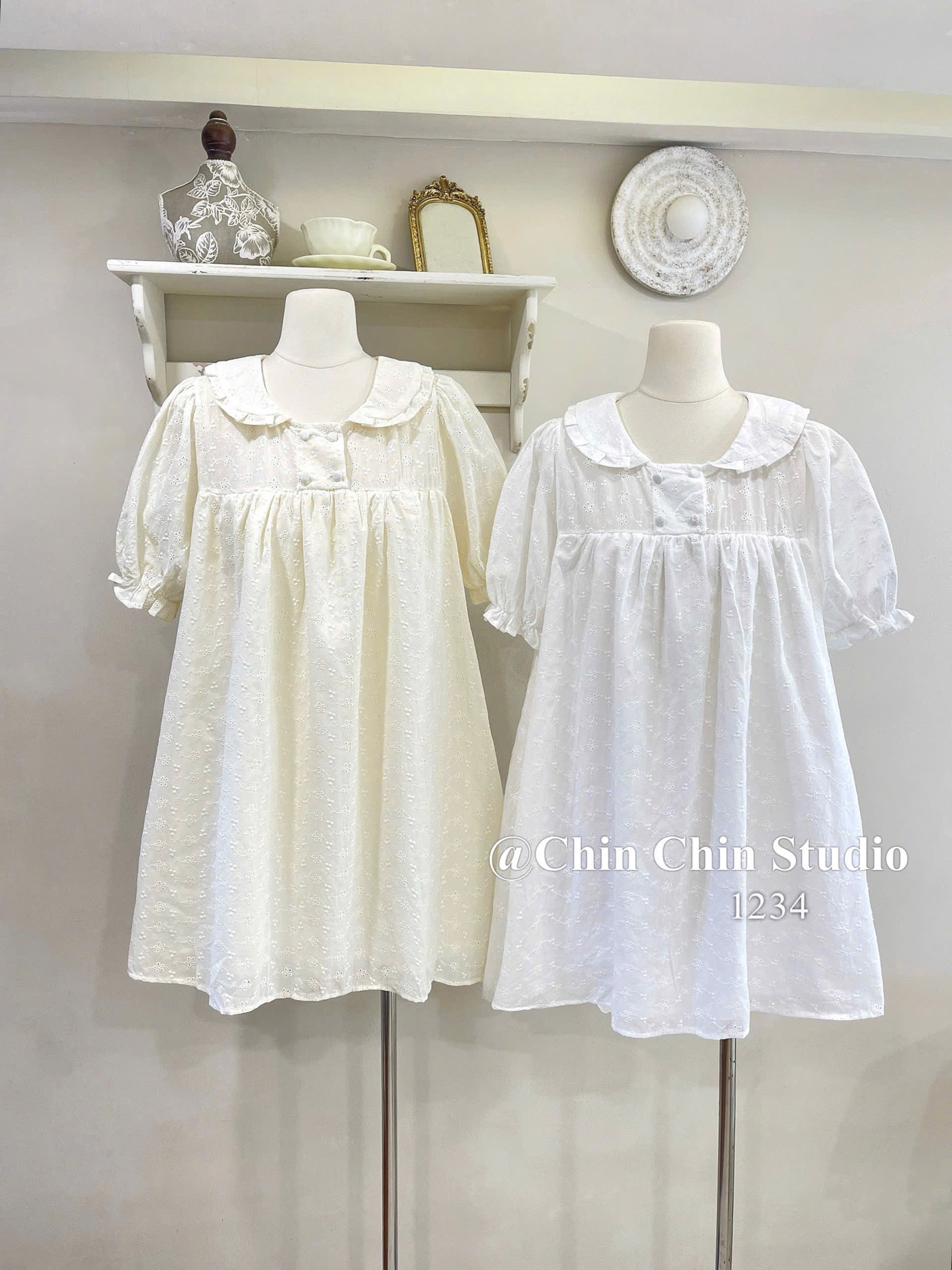 Set áo váy babydoll tay phồng thêu hoa kèm quần
