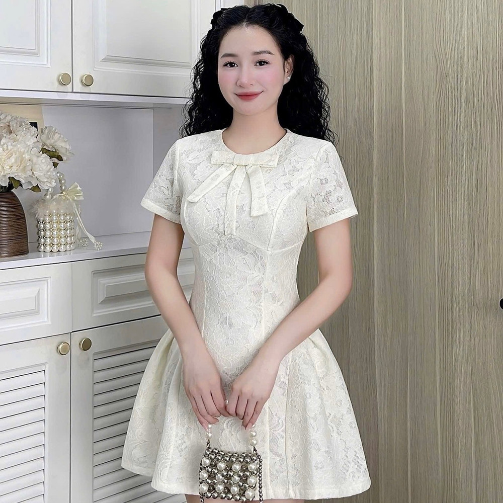 Đầm thiết kế cổ tròn nơ dáng A xoè ngắn