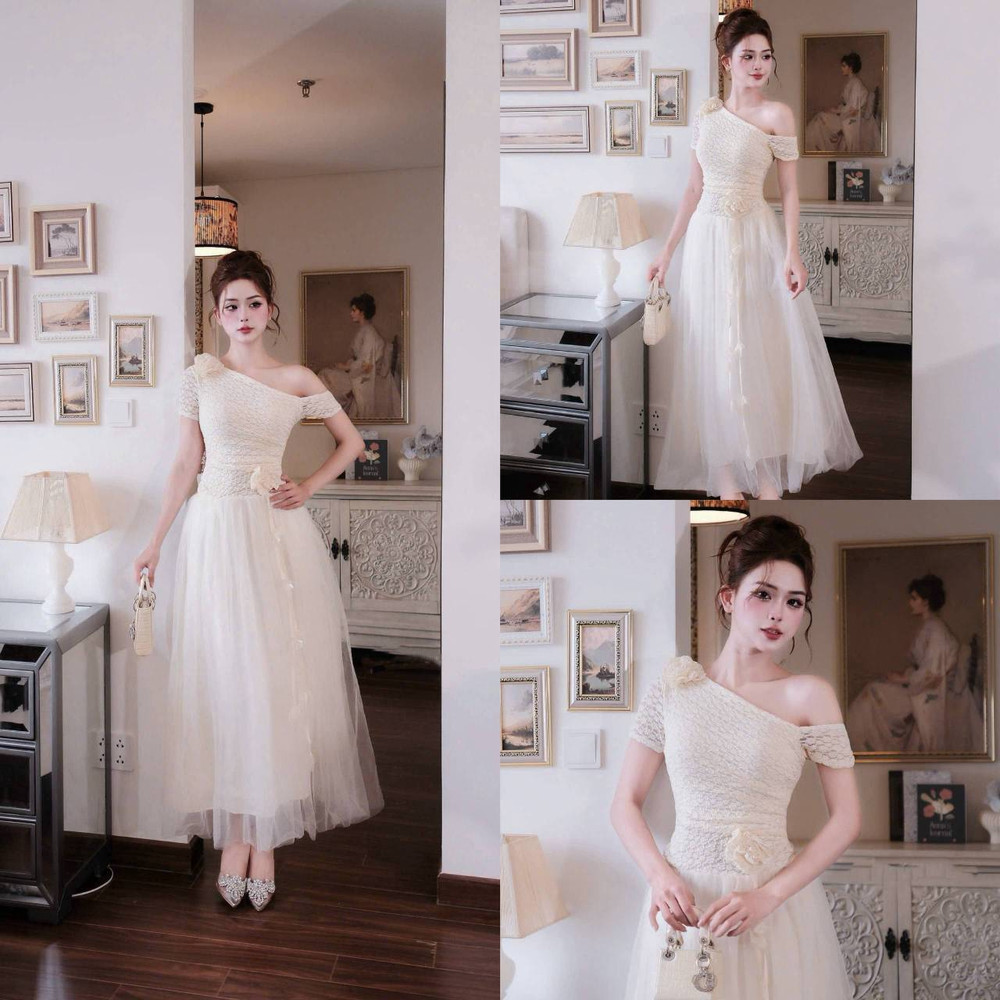 Đầm thiết kế lệch vai hoa vai hoa eo tùng xòe