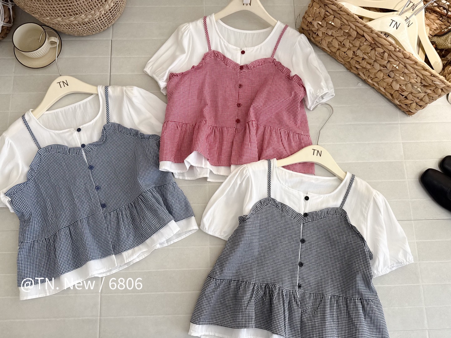 Áo kiểu phối 2 dây caro
