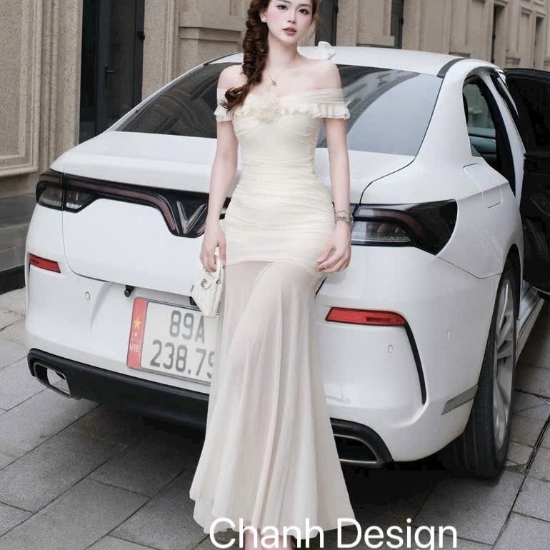 Đầm thiết kế trễ vai hoa ngực dáng xoè