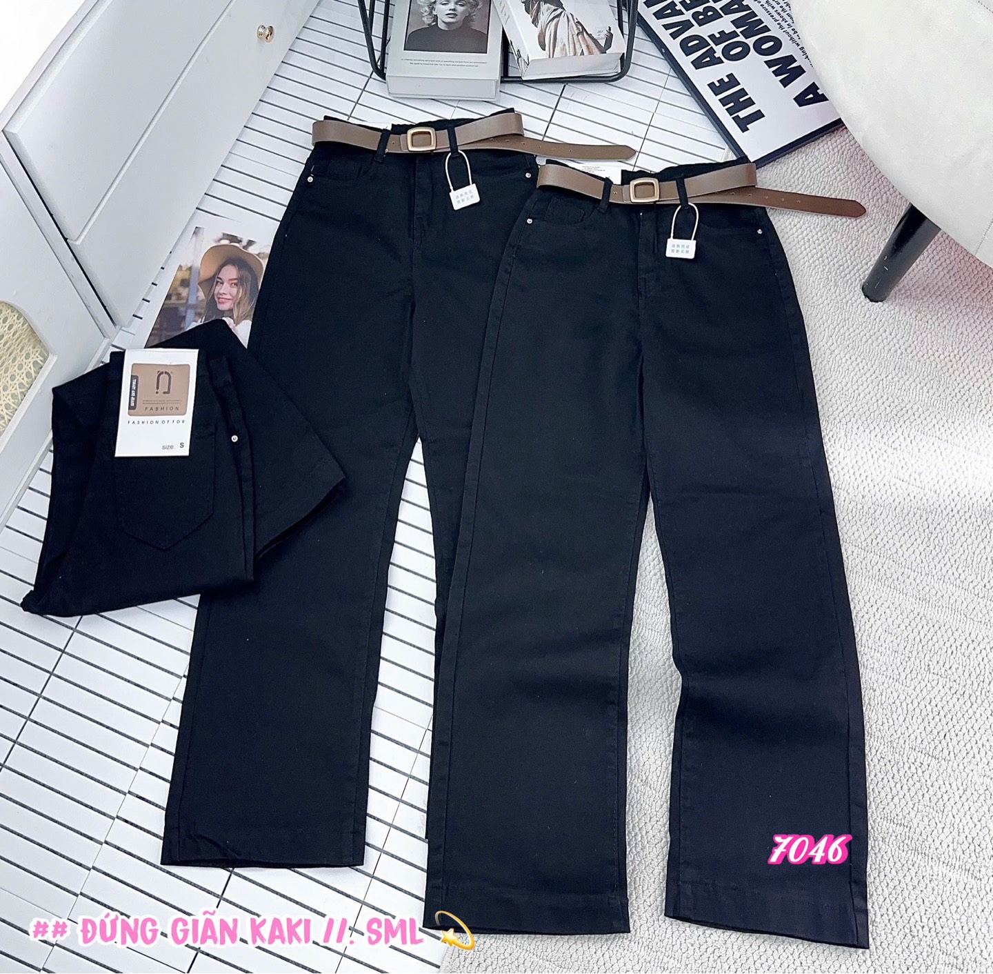 J56 đứng kaki đen trơn lai 7046