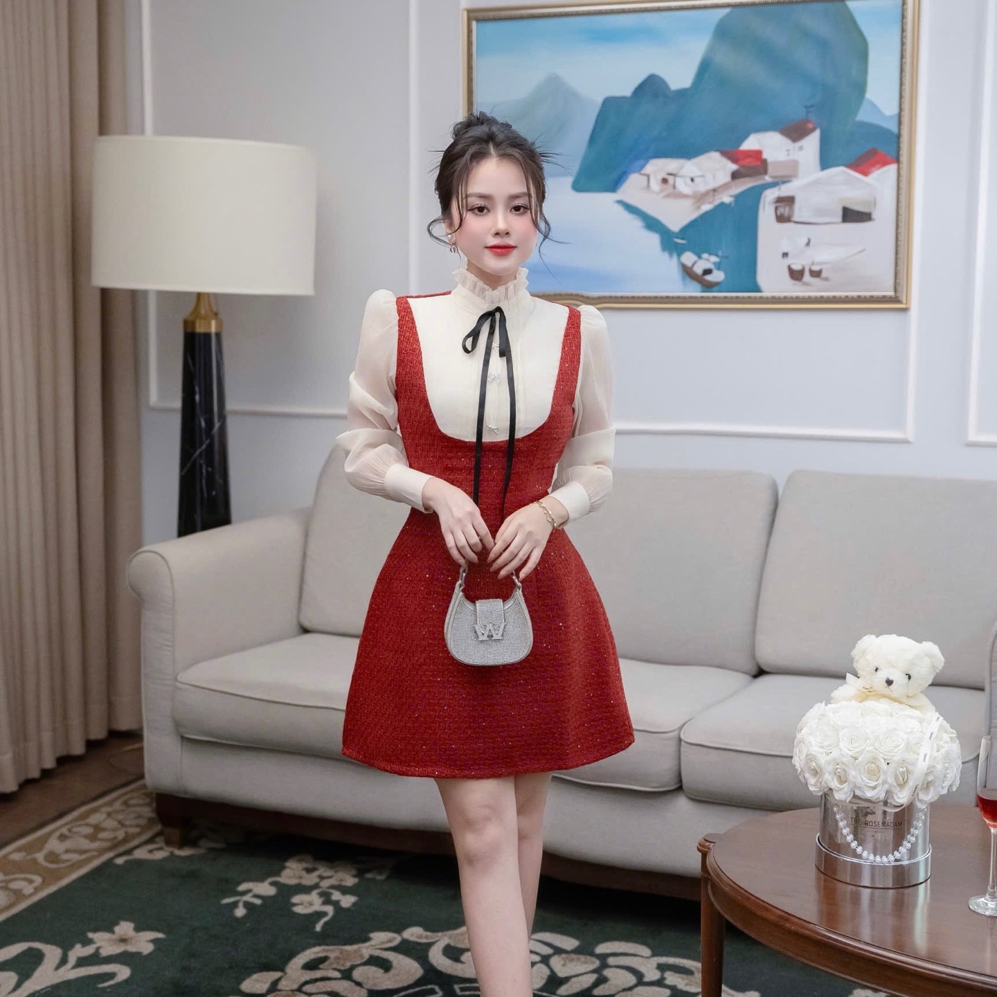 Đầm cổ tròn cao phối dạ dáng chữ A ngắn tay dài voan