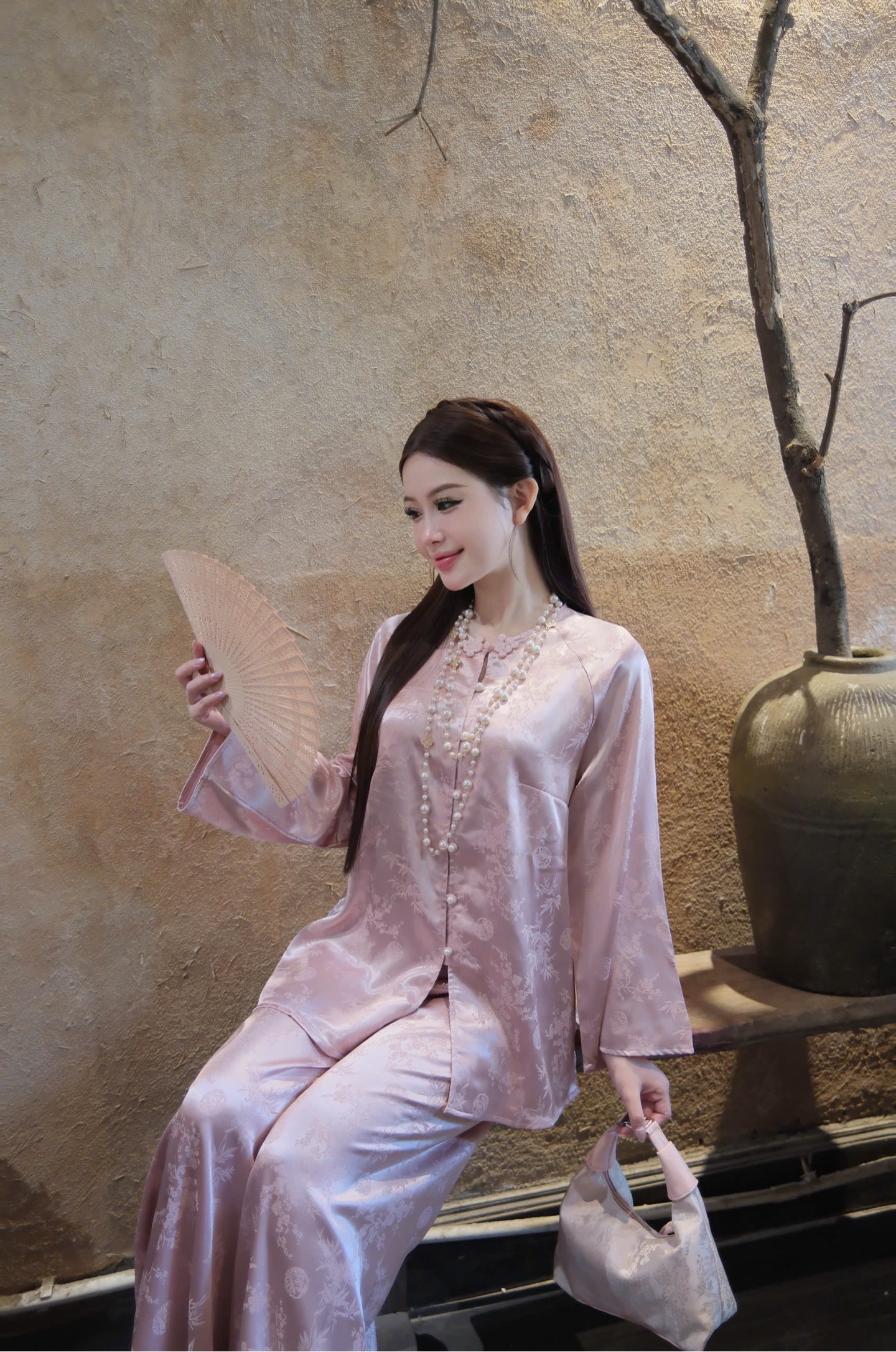 Lam gấm trúc cổ tròn cúc ngọc