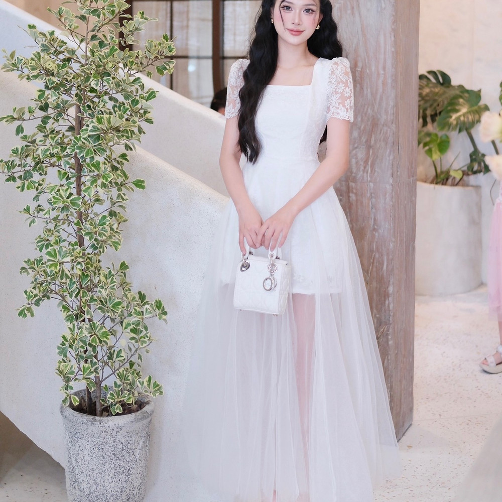 Đầm thiết kế cổ vuông tay ren dáng dài phối voan đi tiệc cao cấp hai màu trắng kem