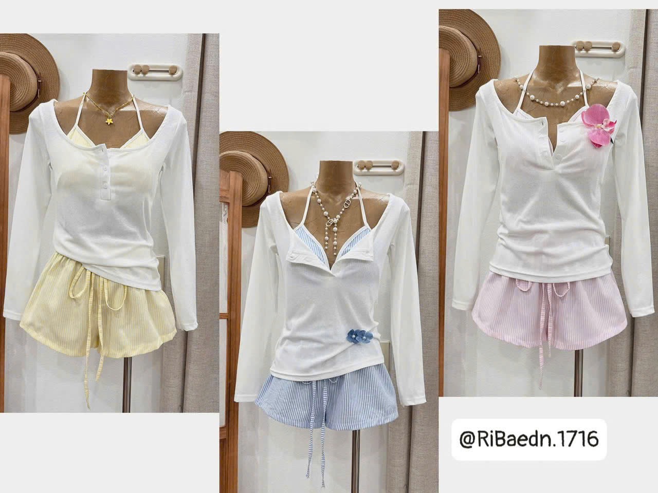 Set bikini 3 món áo tay dài áo dây quần ngắn thun kèm kẹp hoa