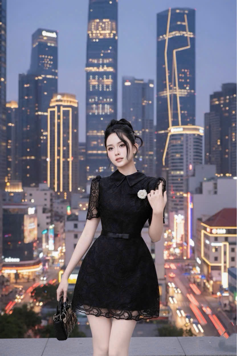 Đầm cổ sơ mi ren chân chữ A