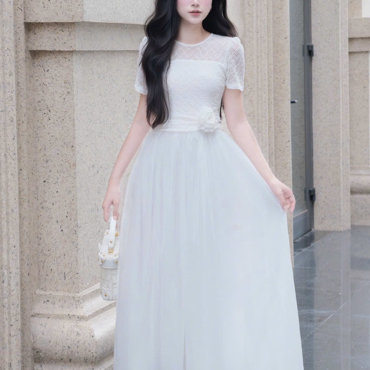 Đầm cổ tròn phối ren dáng dài xoè cao cấp tay ngắn đi tiệc 3 màu kem/ trắng/đen