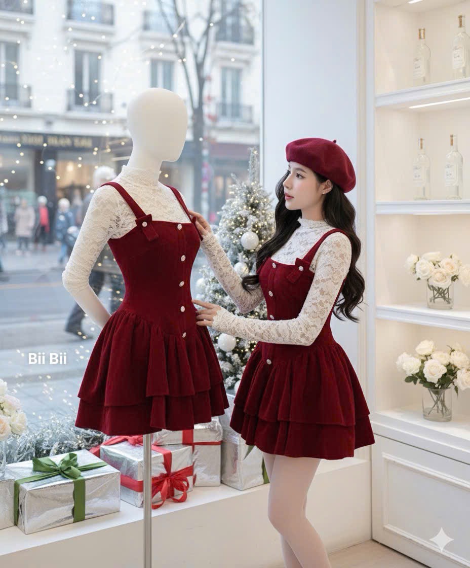 Set yếm nhung cổ vuông