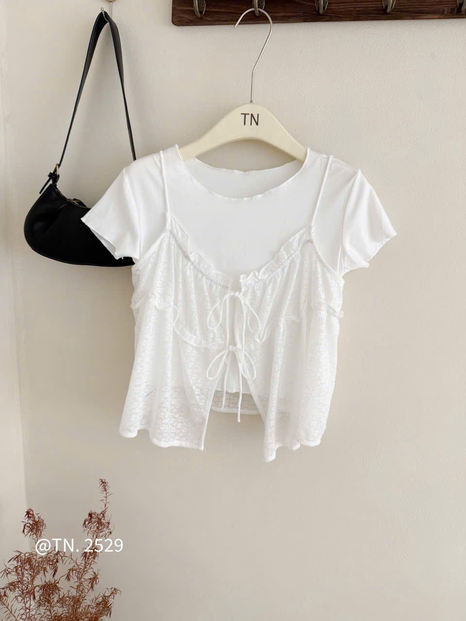 Áo kiểu 2 dây thun nhúng thắt nơ phối thun trắng cổ tròn