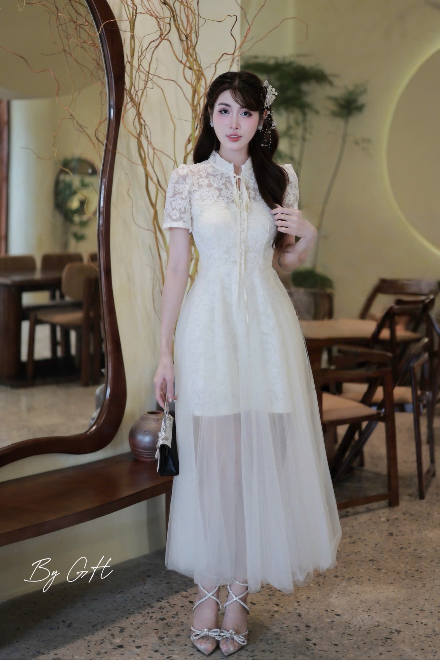 Đàm ren khuy ngọc phối tơ cổ tàu