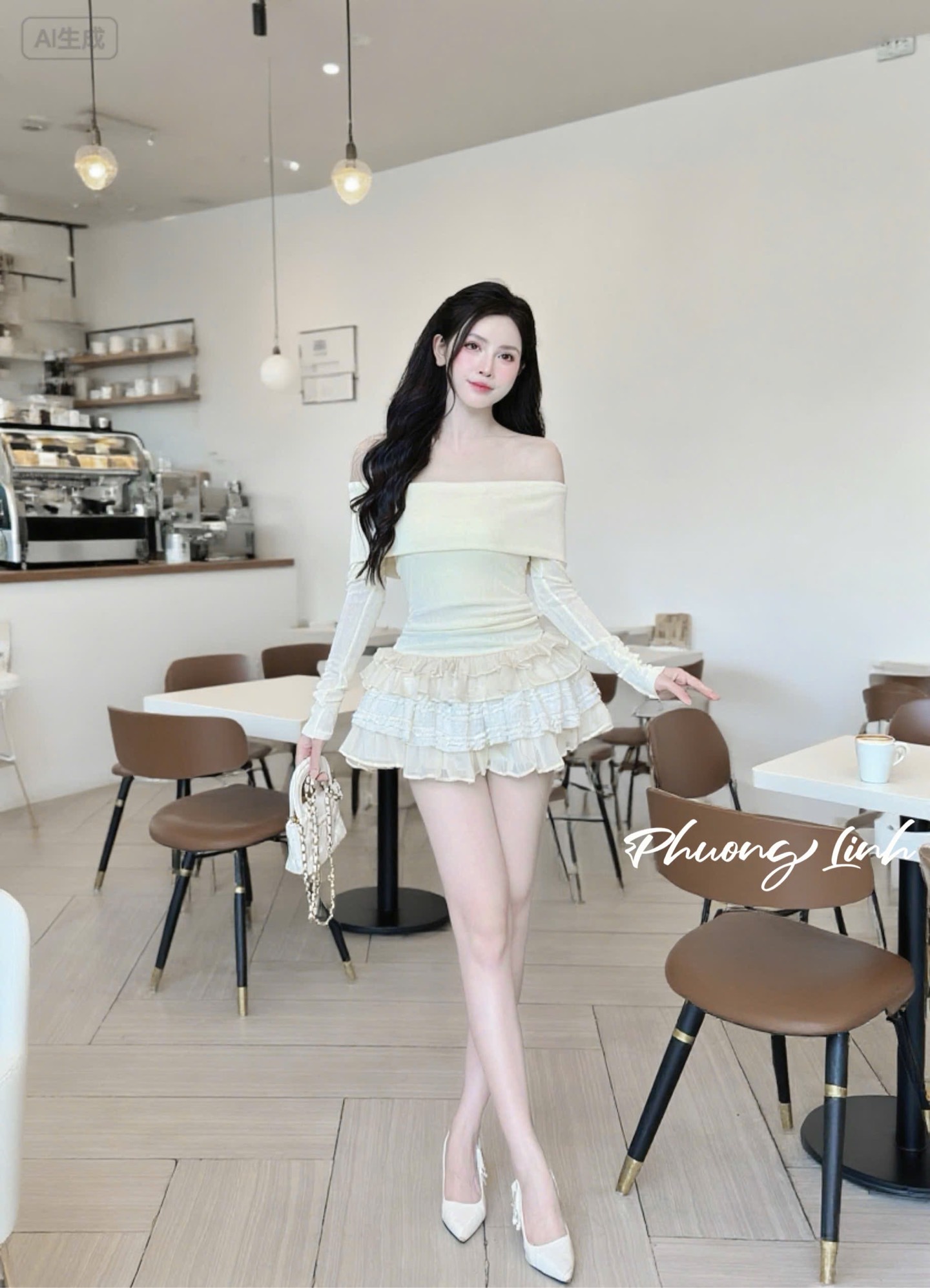 Set trễ vai tay dài chân váy tầng pl