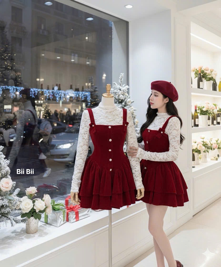 Set yếm nhung cổ vuông