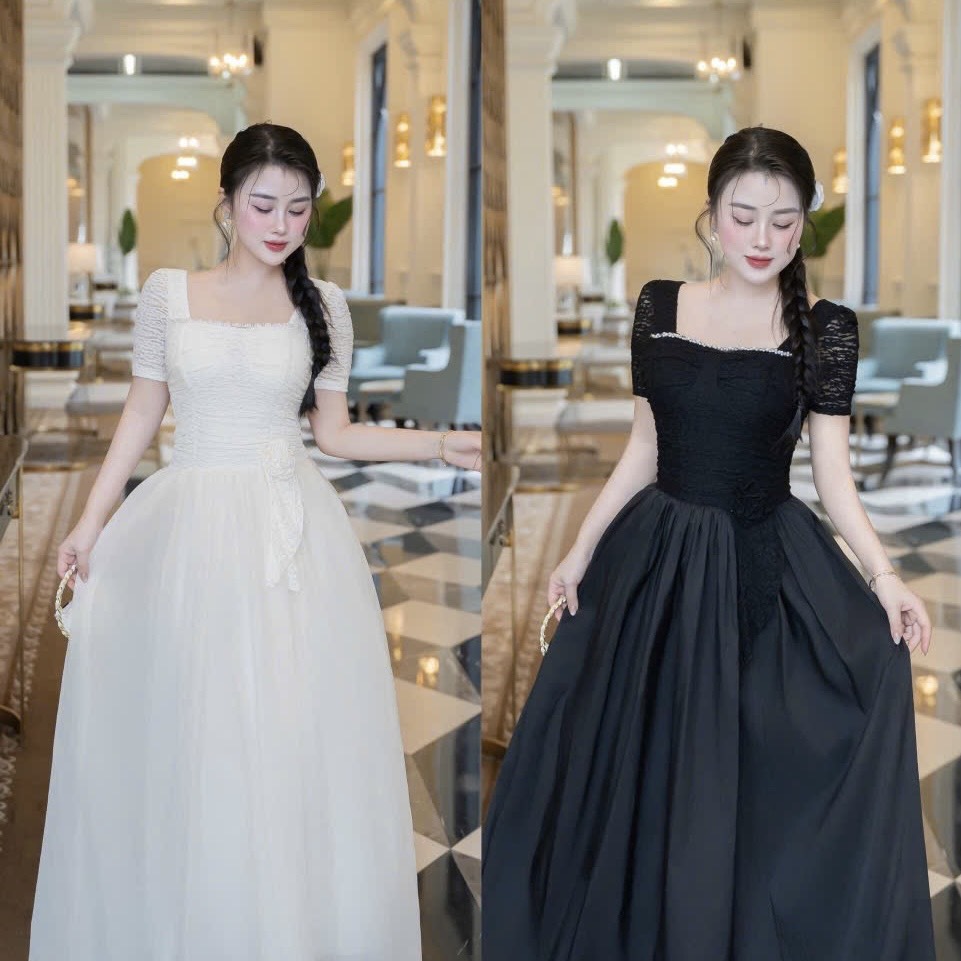 Đầm cổ vuông đính ngọc hoa eo không xẻ