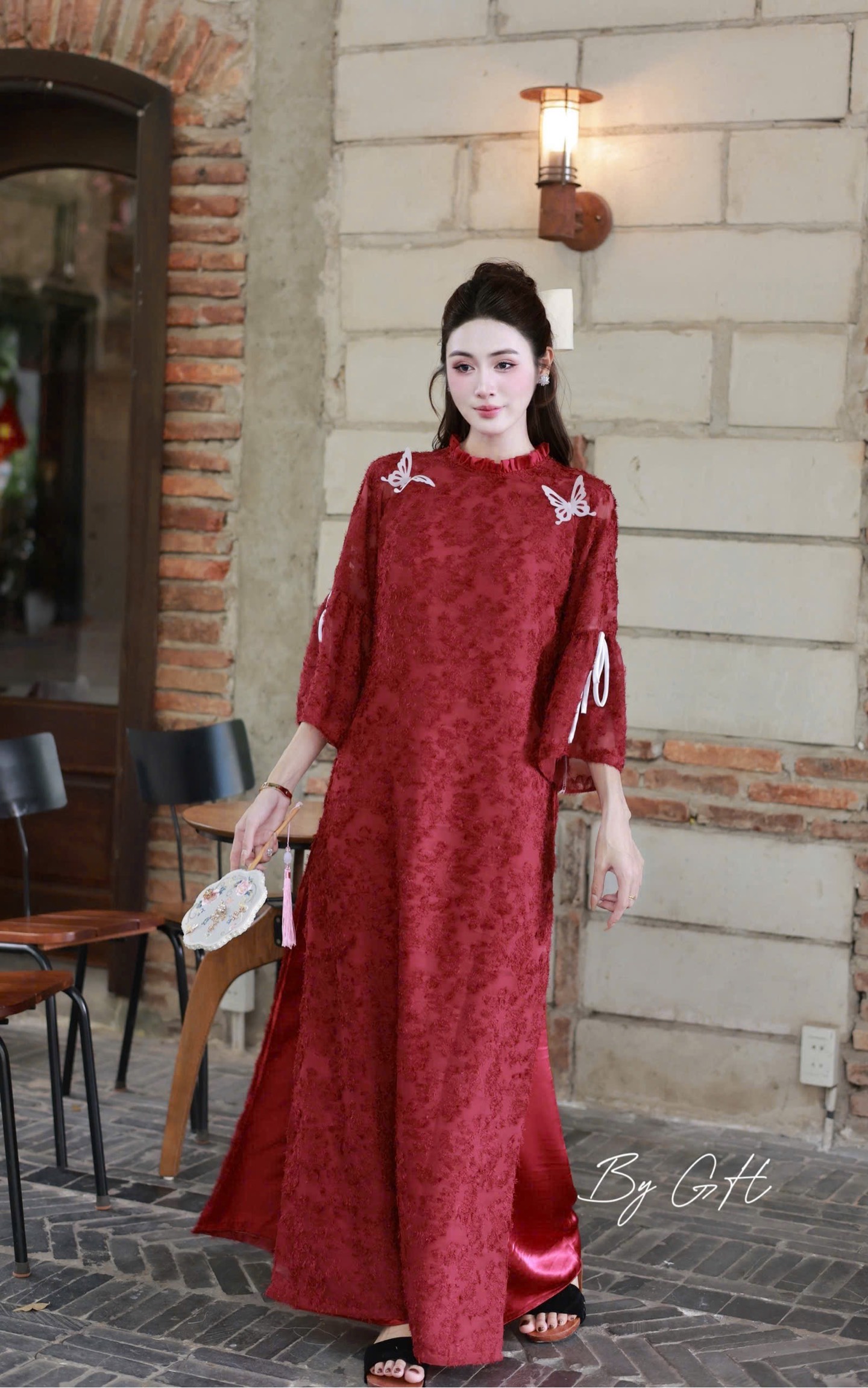 Áo dài tơ lông cổ bèo tay nơ