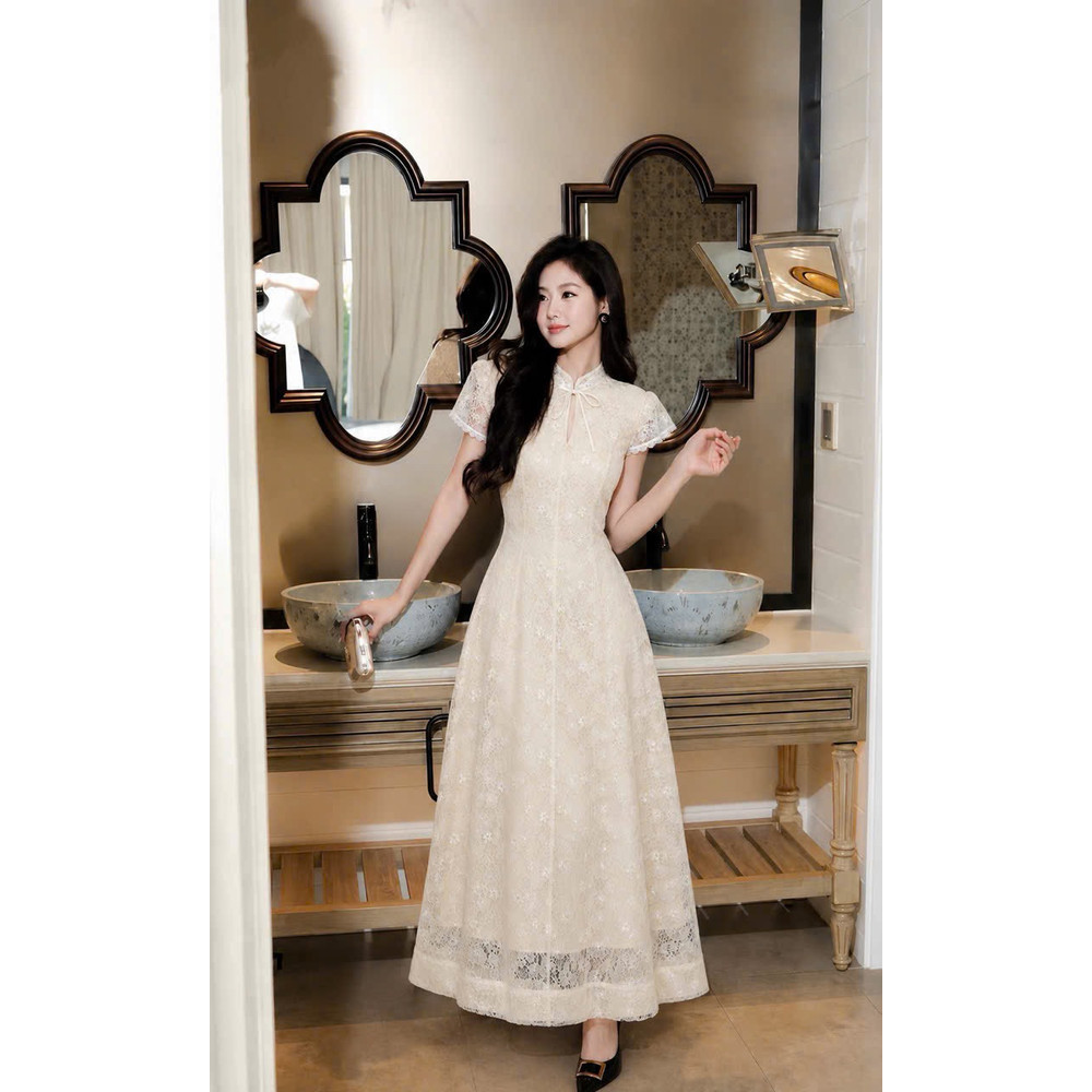 Đầm thiết kế cổ tàu ren nơ cổ dáng dài