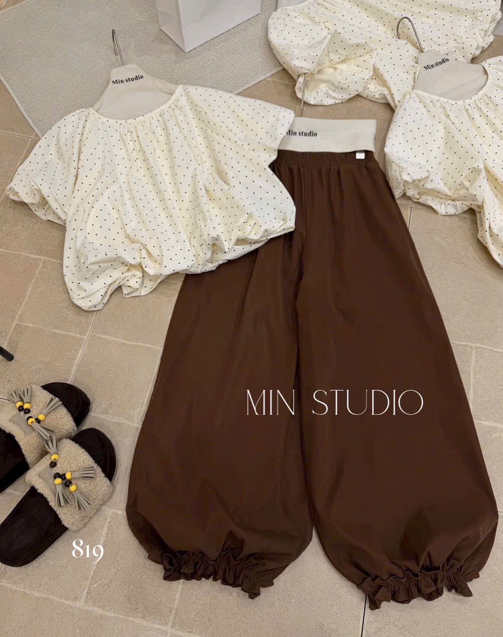 Set áo babydoll tay phồng kèm quần bo chân