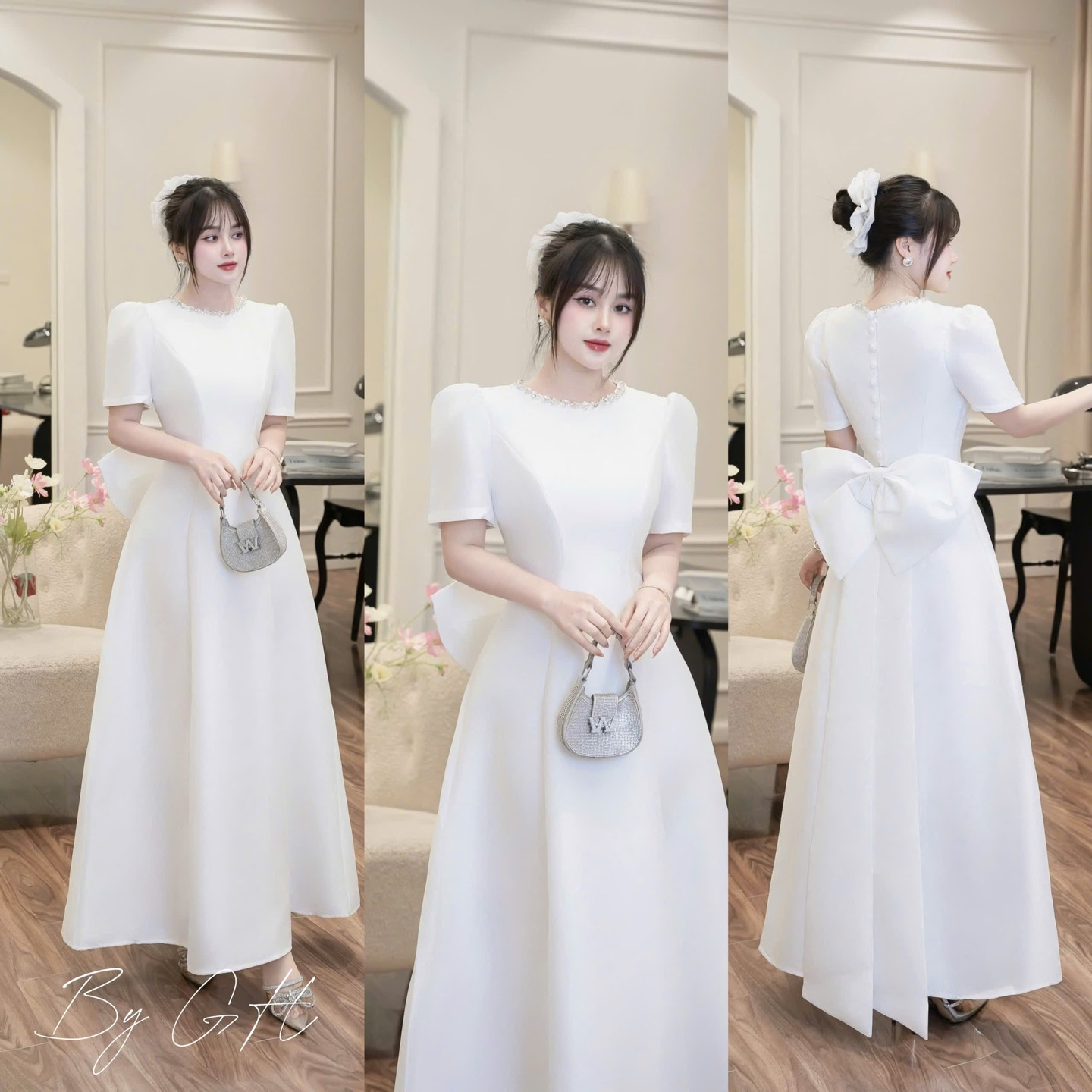 Đầm trắng xoè nơ sau cao cấp H