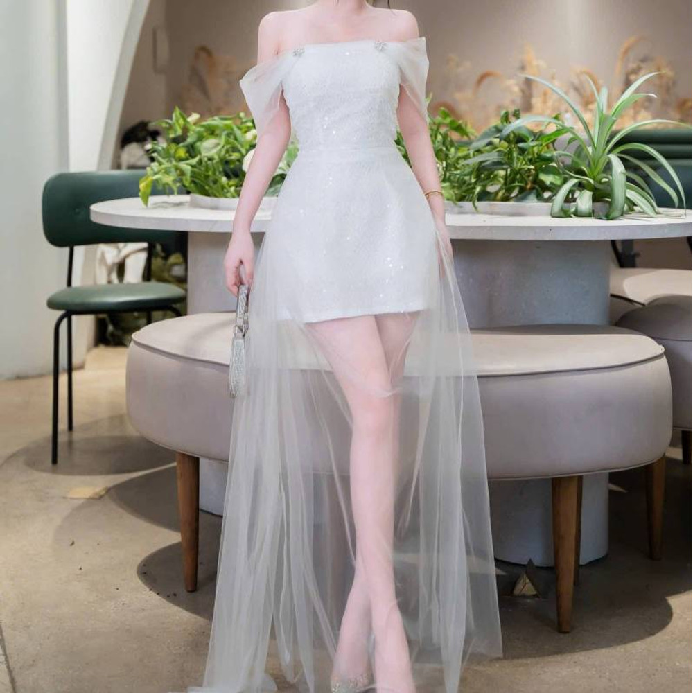 Đầm thiết kế kim sa trễ vai phối lưới dài