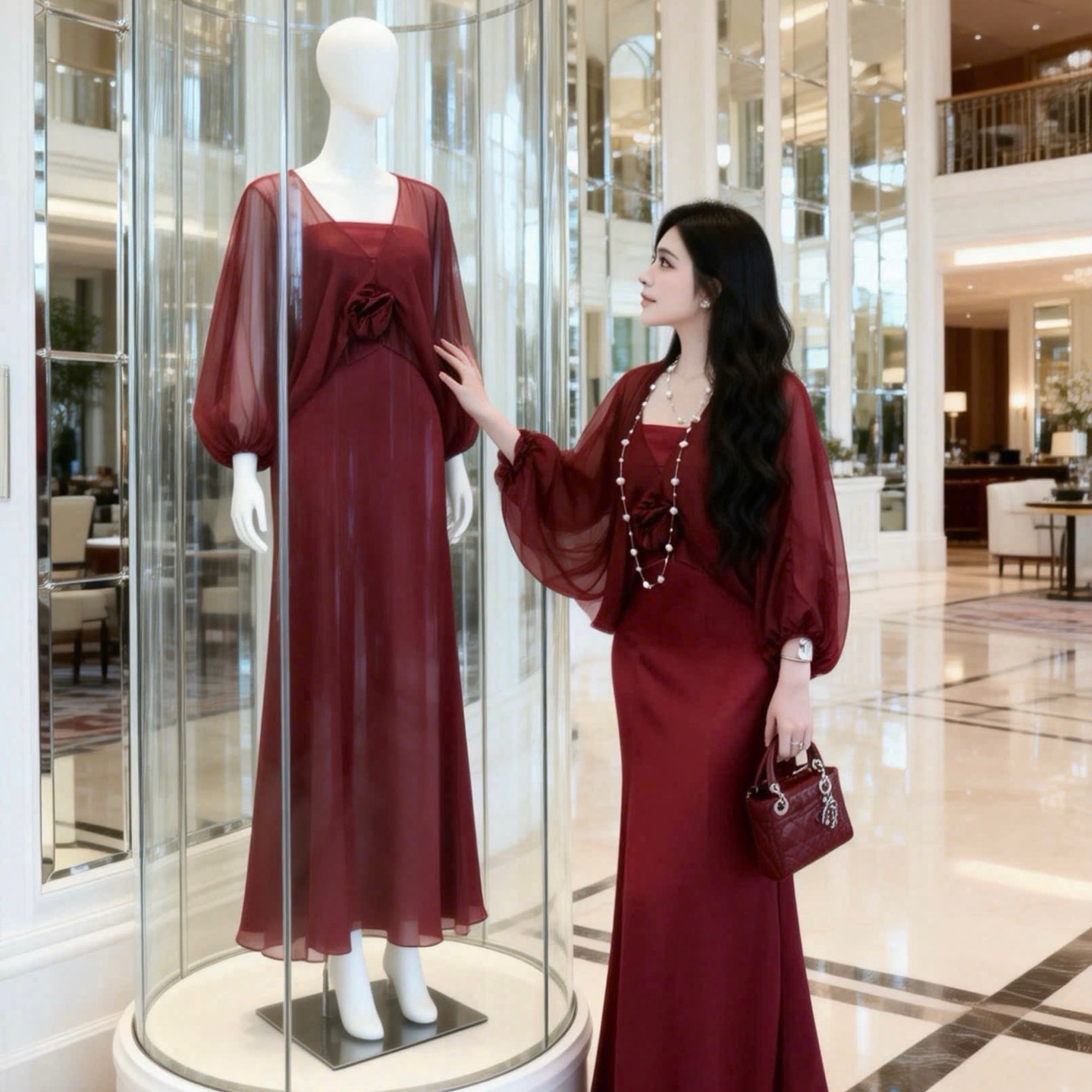 Đầm thiết kế lụa áo choàng nơ hoa