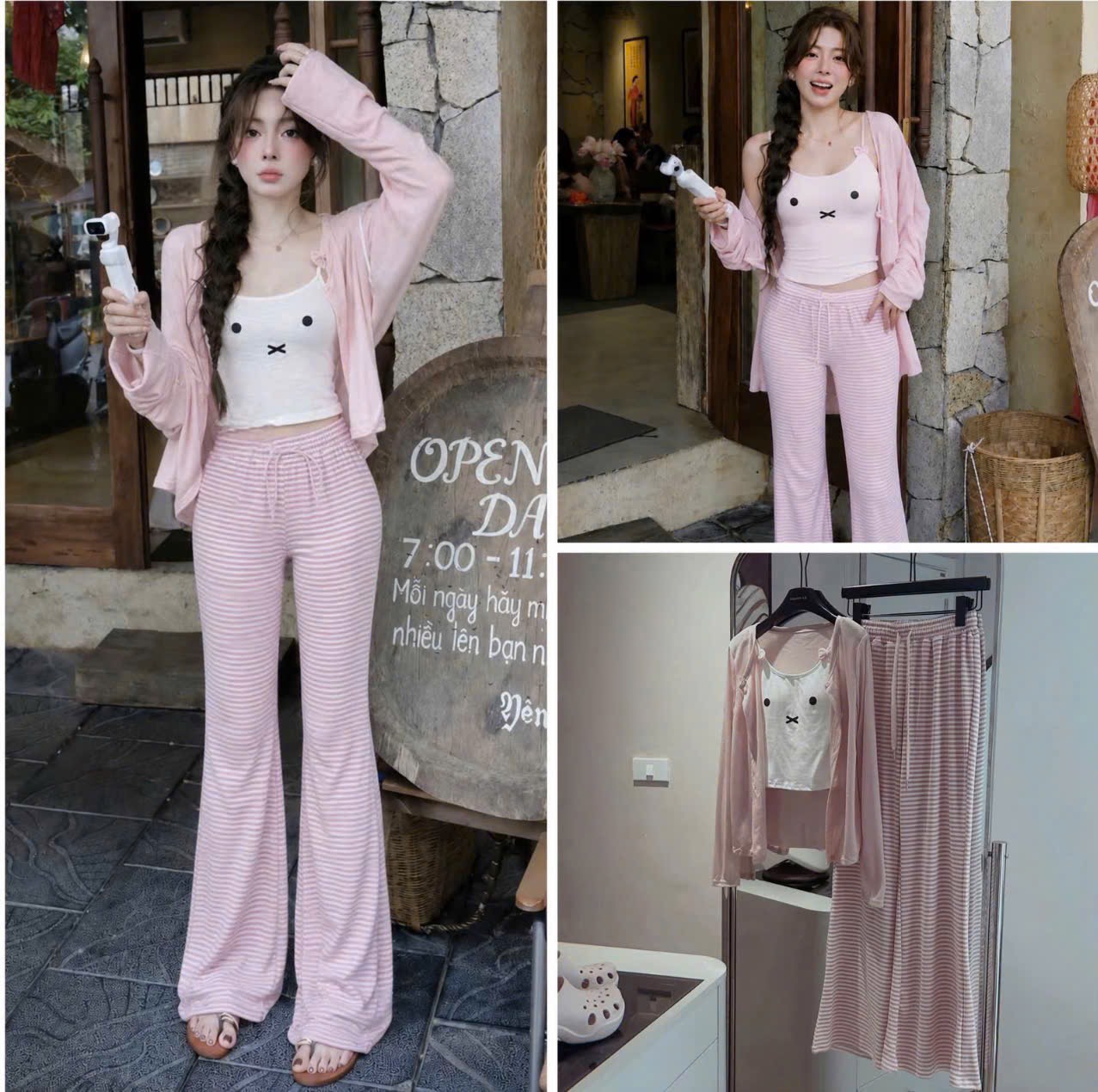Set áo 2 dây nơ dây khoác ngoài kèm quần sọc dài