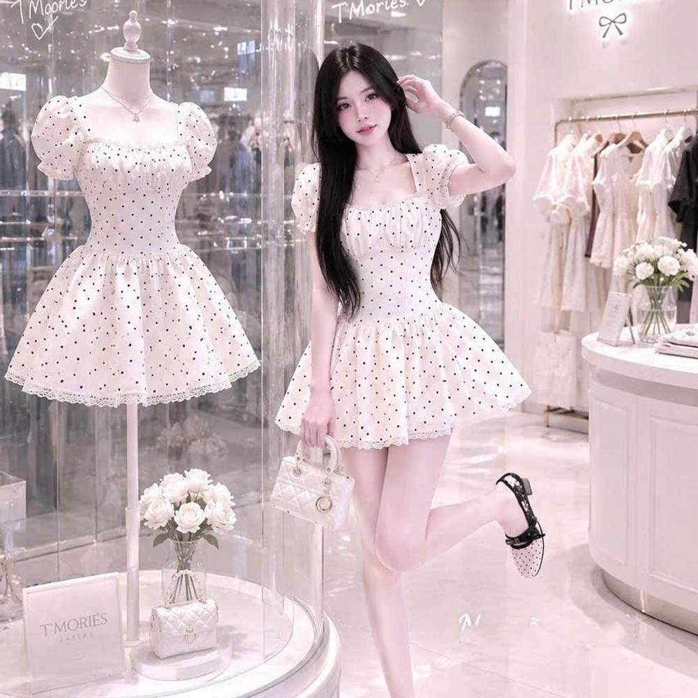 Đầm thiết kế chấm bi cổ vuông tay phồng