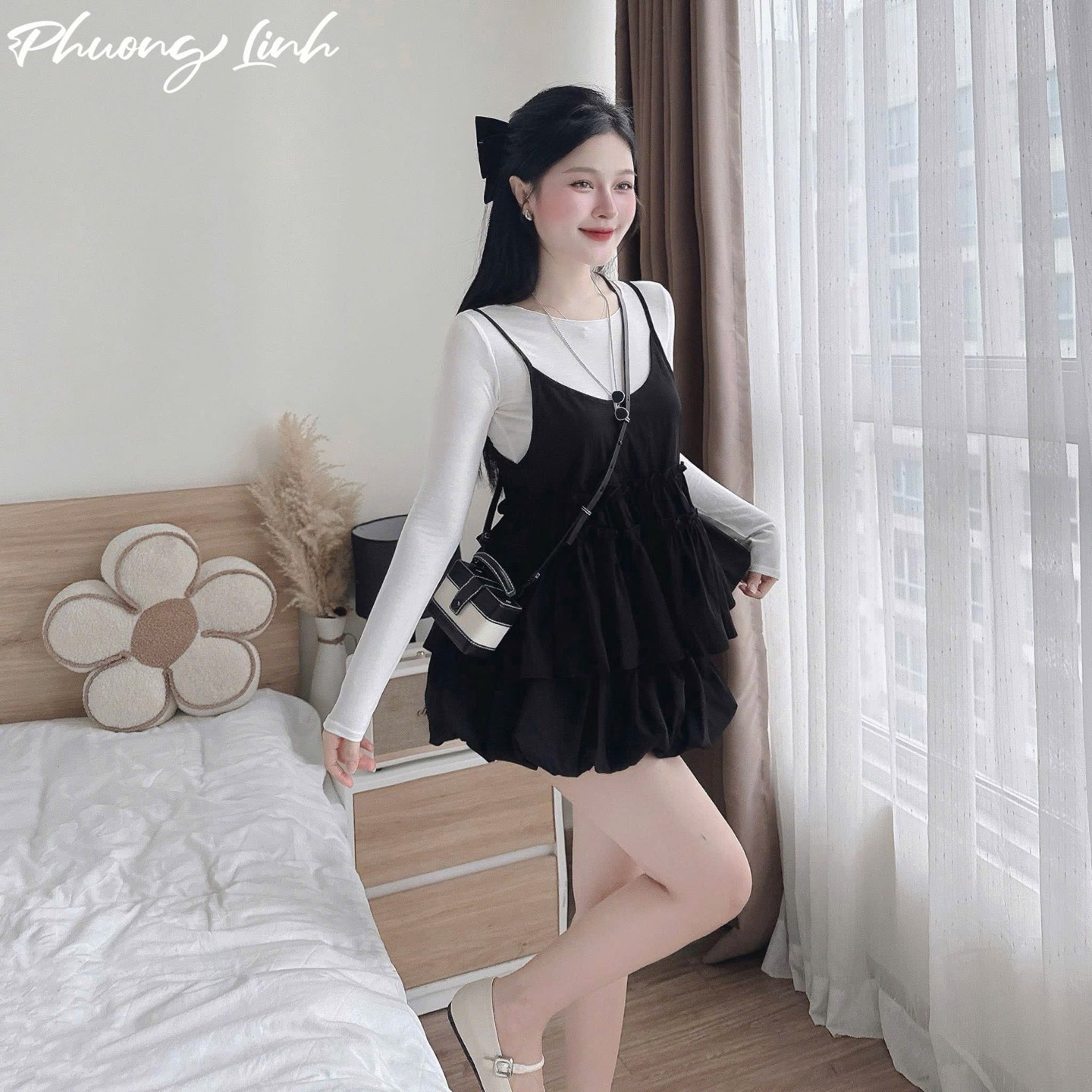 Set áo yếm tay dài váy bí pl