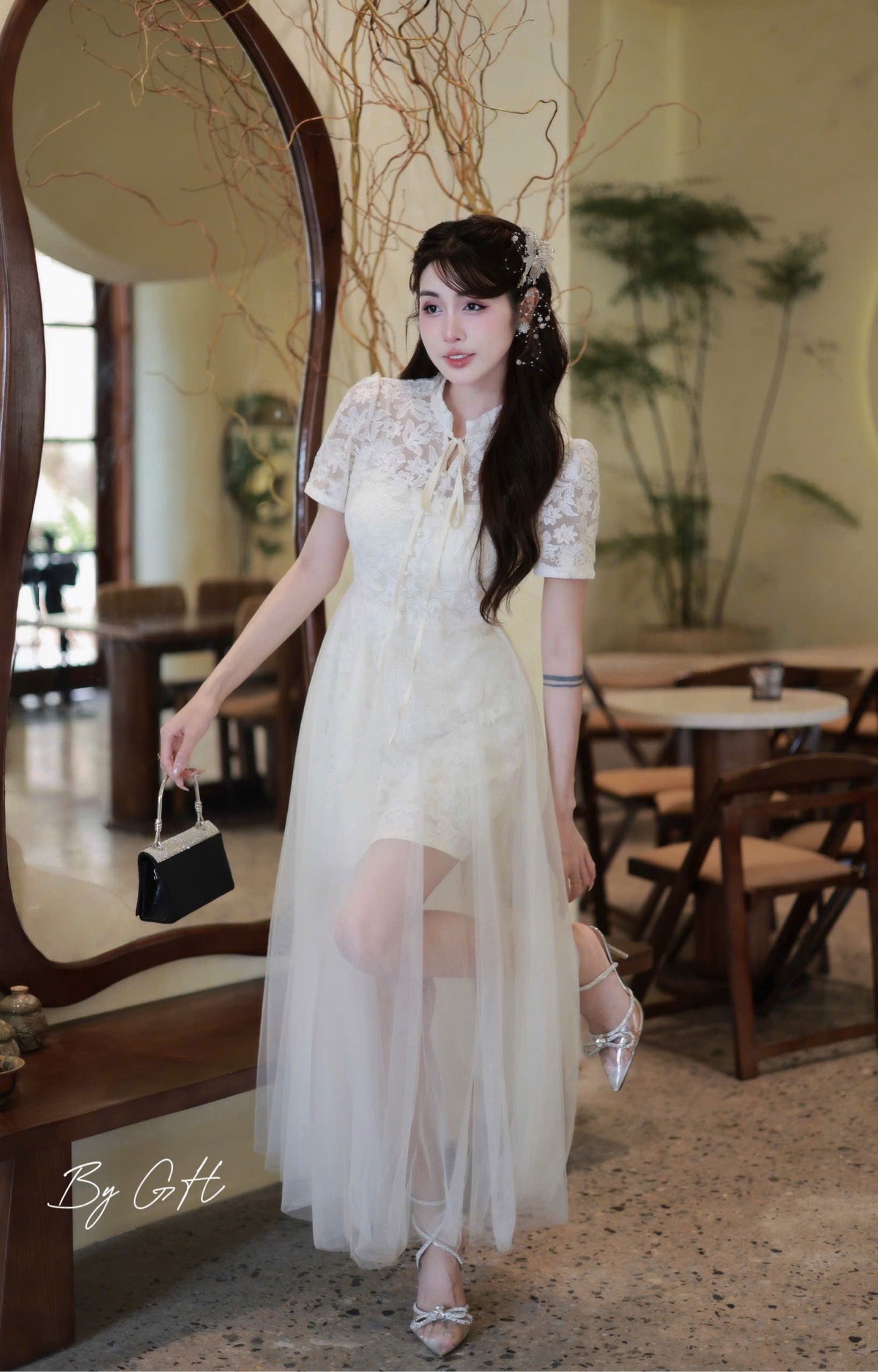 Đàm ren khuy ngọc phối tơ cổ tàu