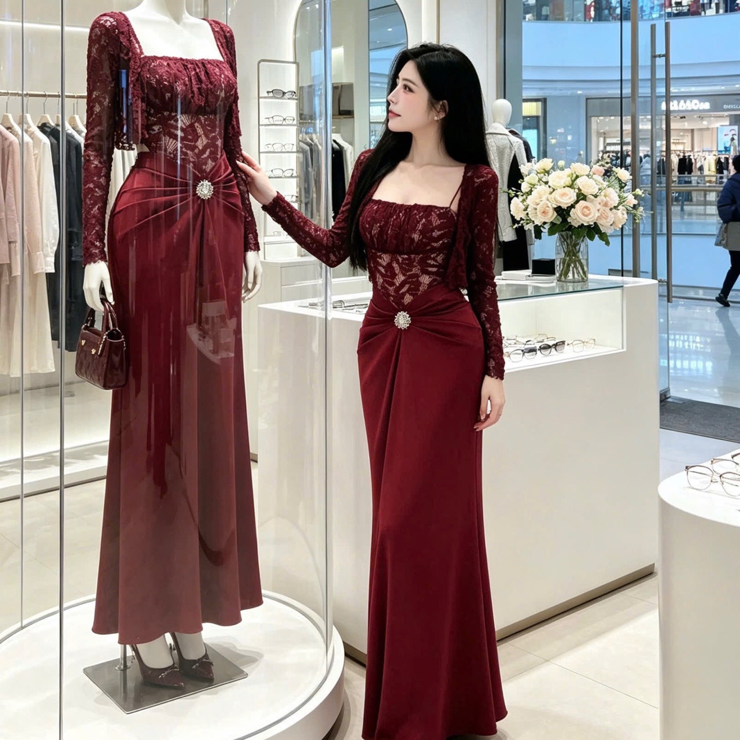 Đầm thiết kế ren 2 dây phối lụa kèm áo choàng ren
