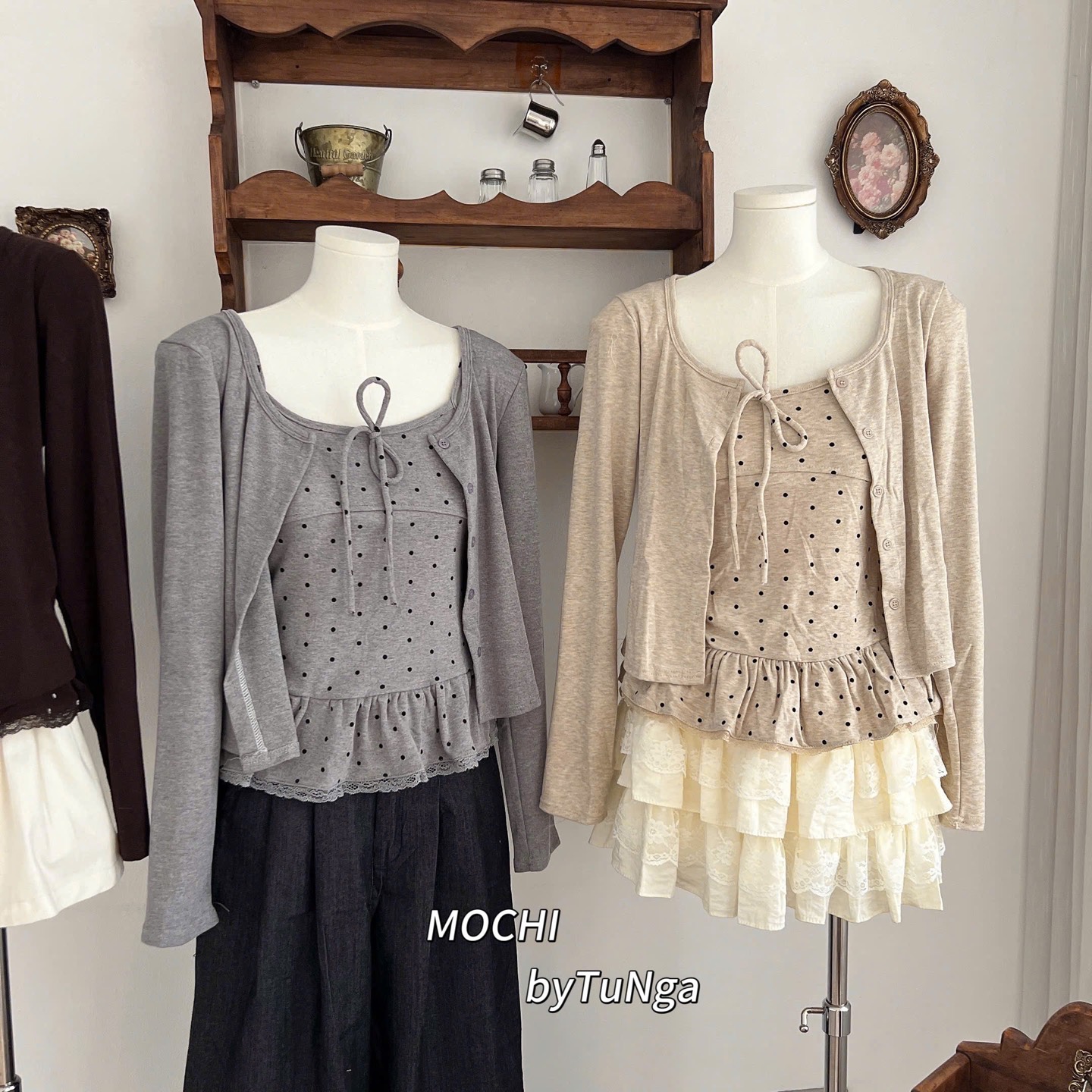 Áo kiểu set khoác áo dây chấm bi