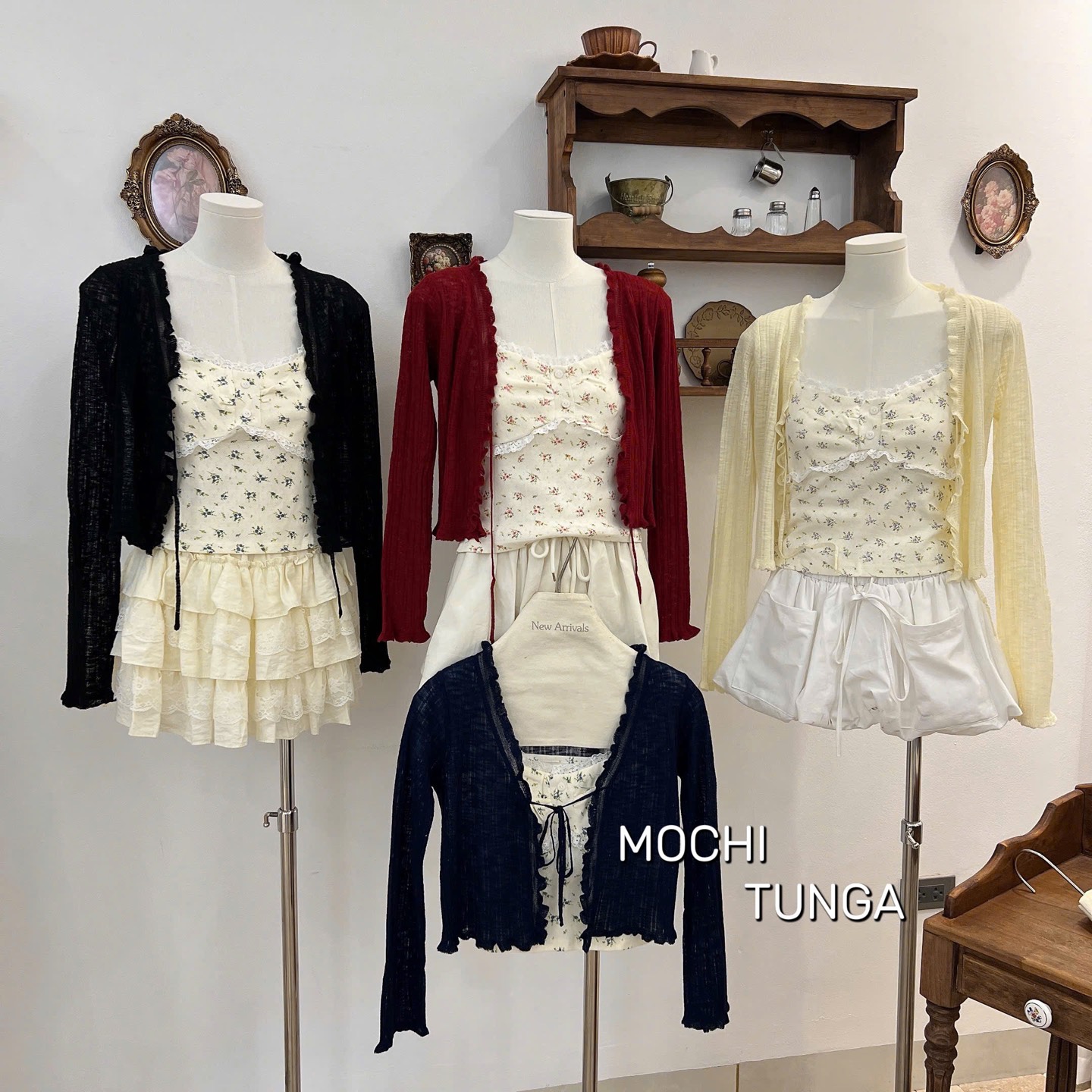 Áo kiểu set khoác cột dây áo hoa nhí