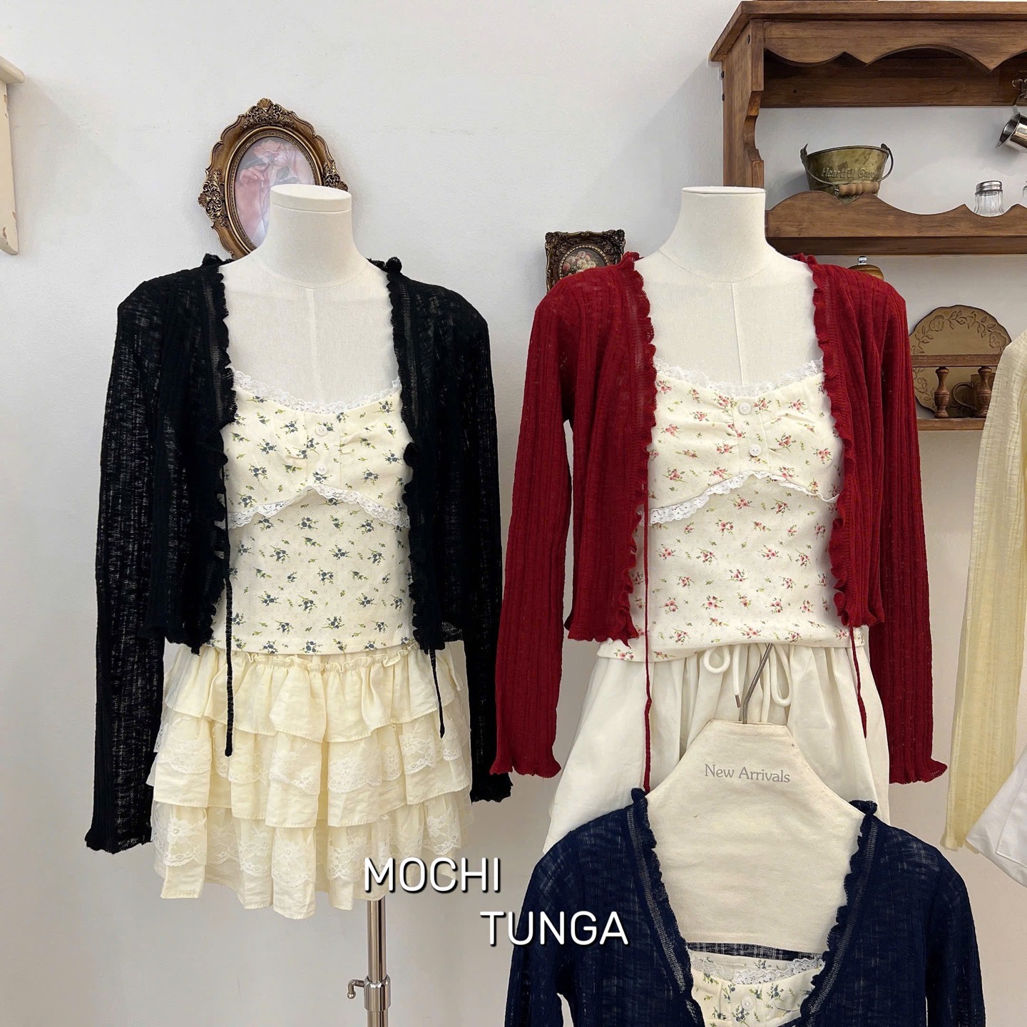 Áo kiểu set khoác cột dây áo hoa nhí