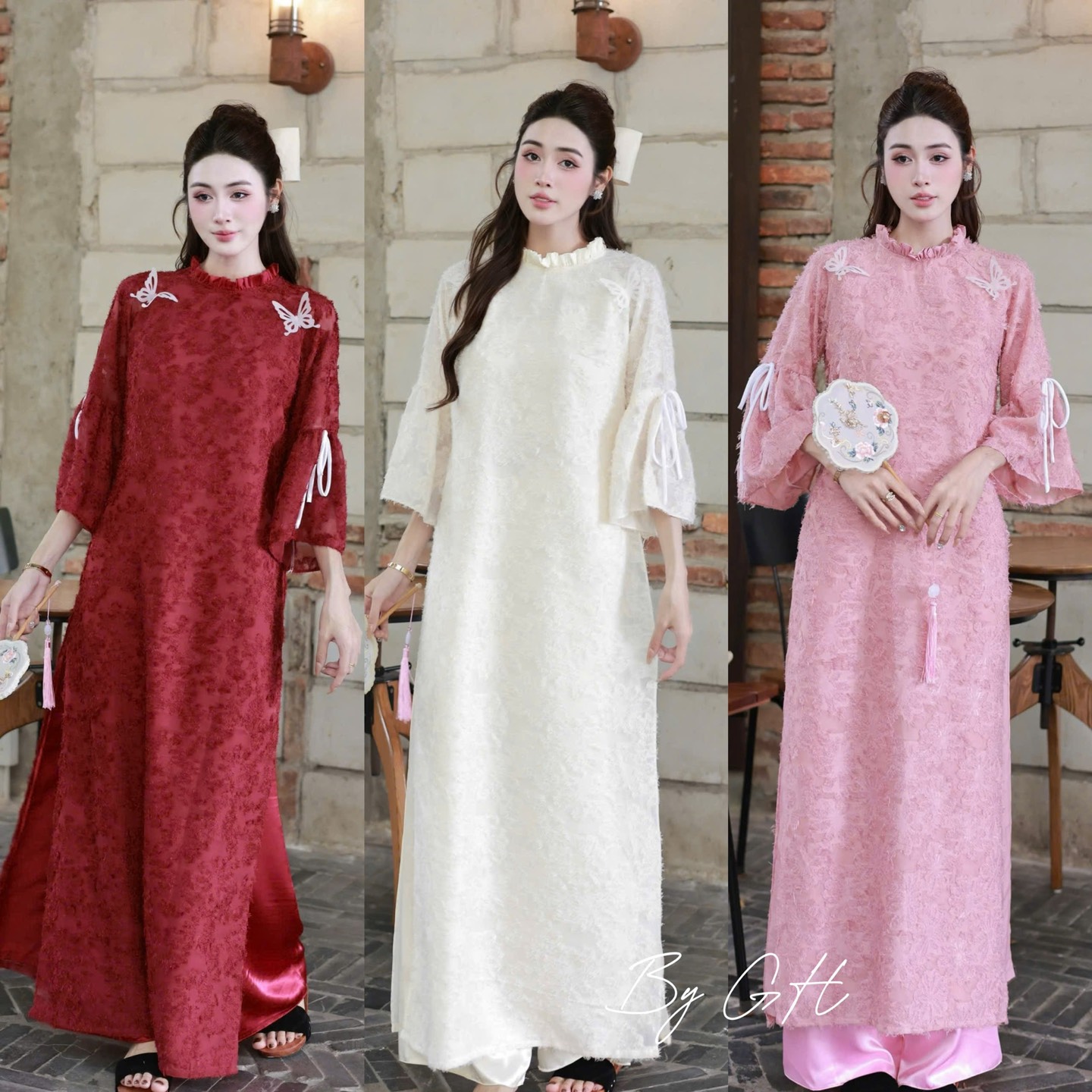 Áo dài tơ lông cổ bèo tay nơ