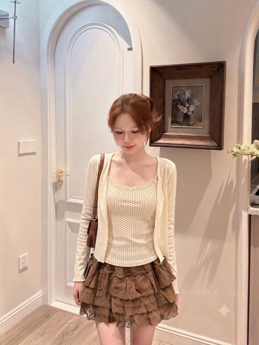 Áo kiểu 2 dây chấm bi bèo ngực kèm khoác ngoài