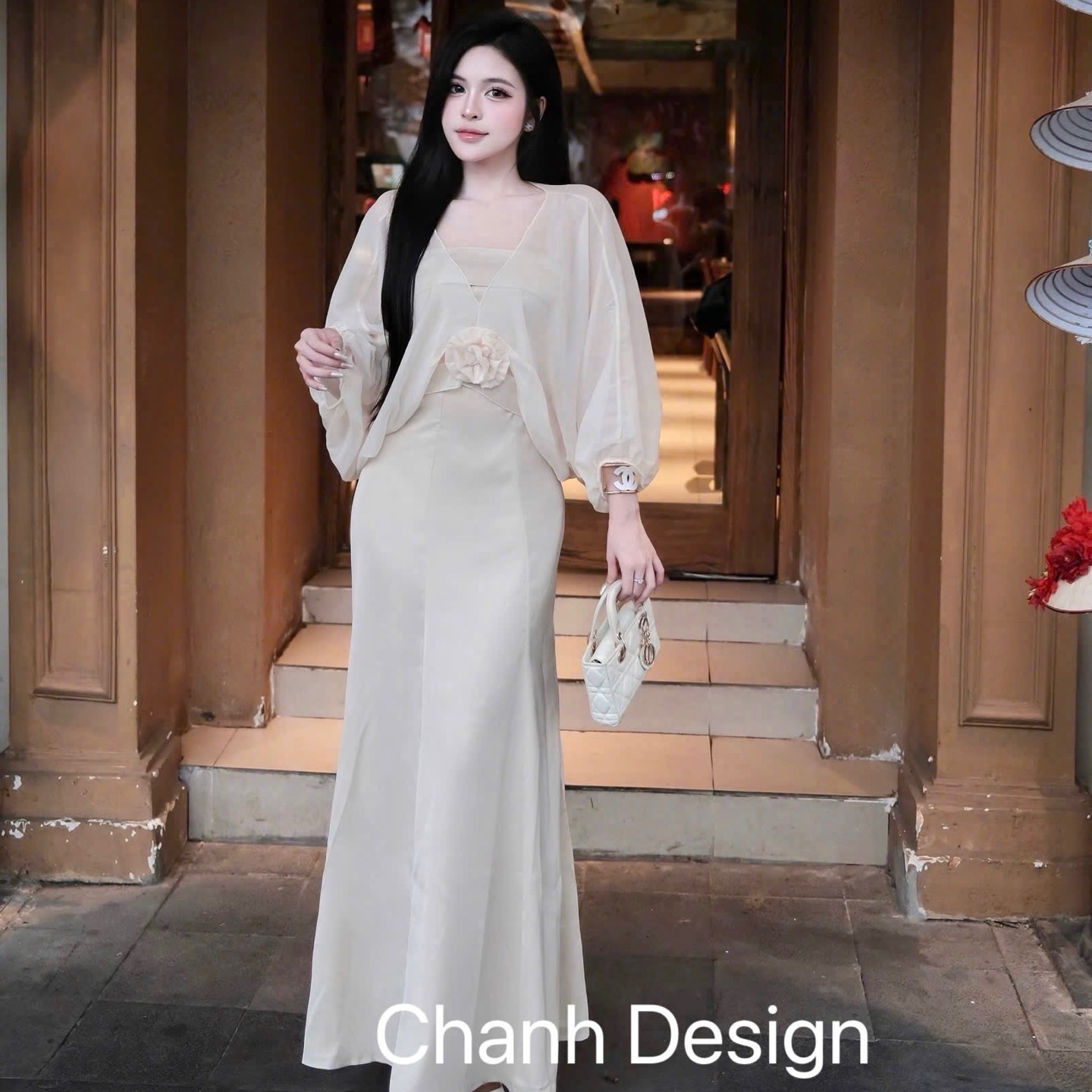 Đầm thiết kế lụa áo choàng nơ hoa